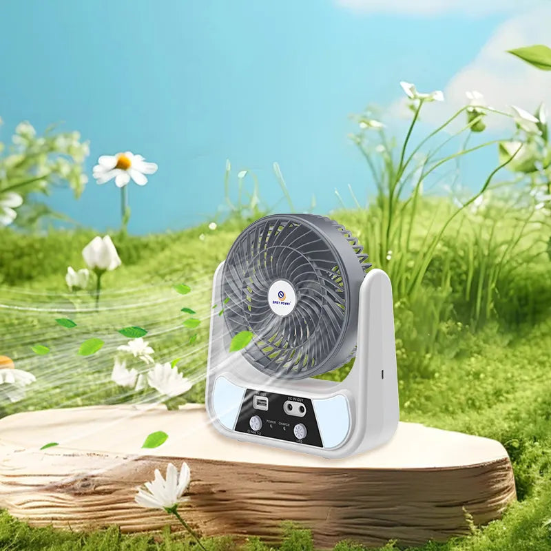 Ventilator solar, 15/20 cm, cu 2 becuri incluse, functie de powerbank, din ABS, cu USB, alb/gri
