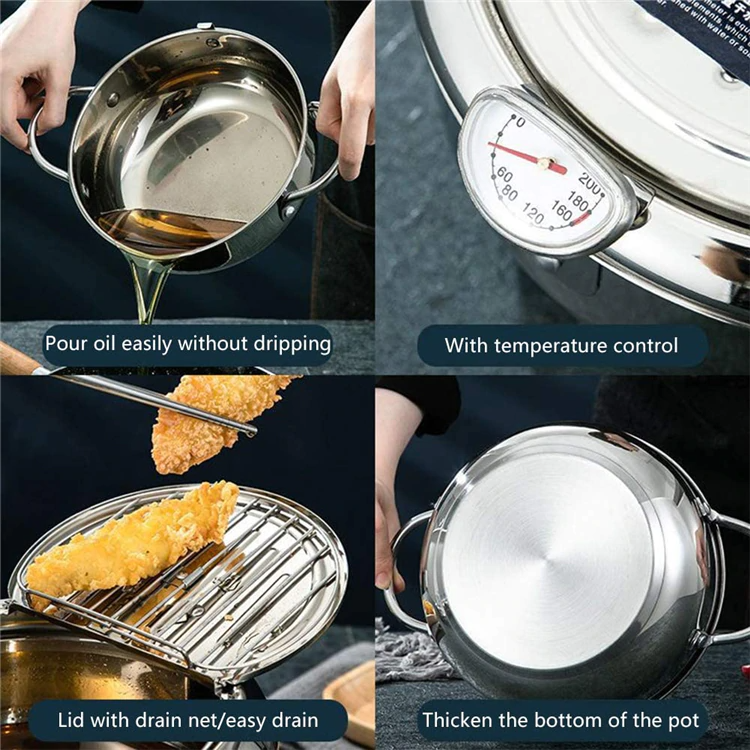 Friteuza in stil japonez din oțel inoxidabil cu termometru pe capac, 24 cm