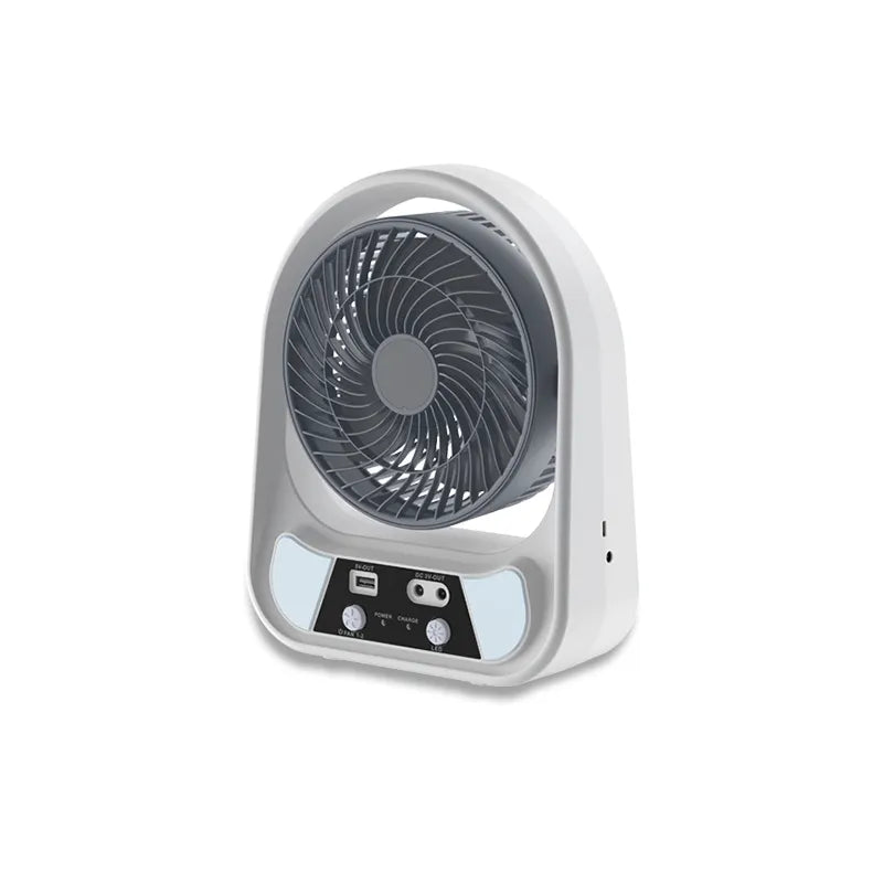Ventilator solar, 15/20 cm, cu 2 becuri incluse, functie de powerbank, din ABS, cu USB, alb/gri