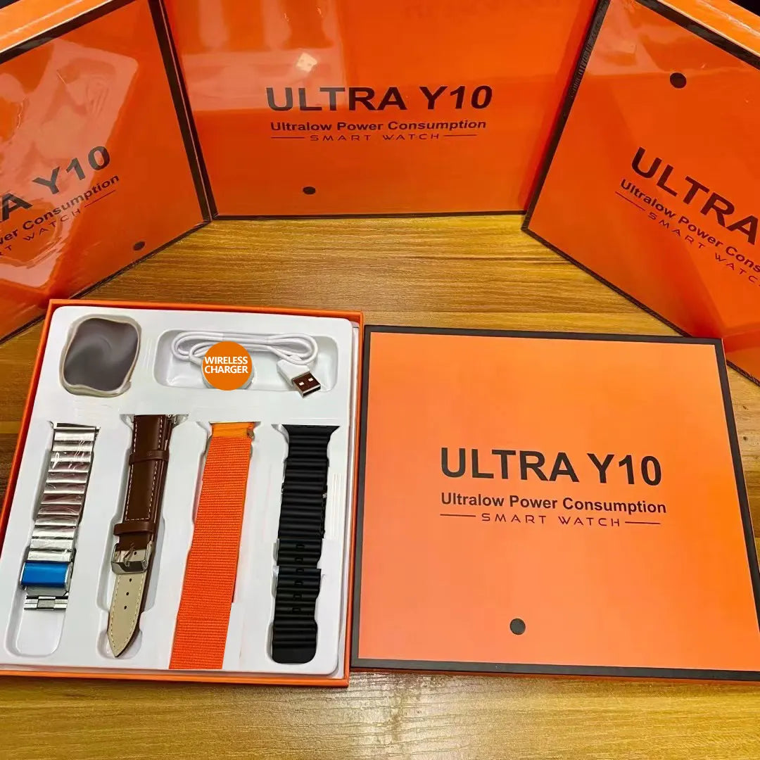 Ceas Smartwatch Ultra Y10, ecran 2.0", 4 curele, incarcare wireless