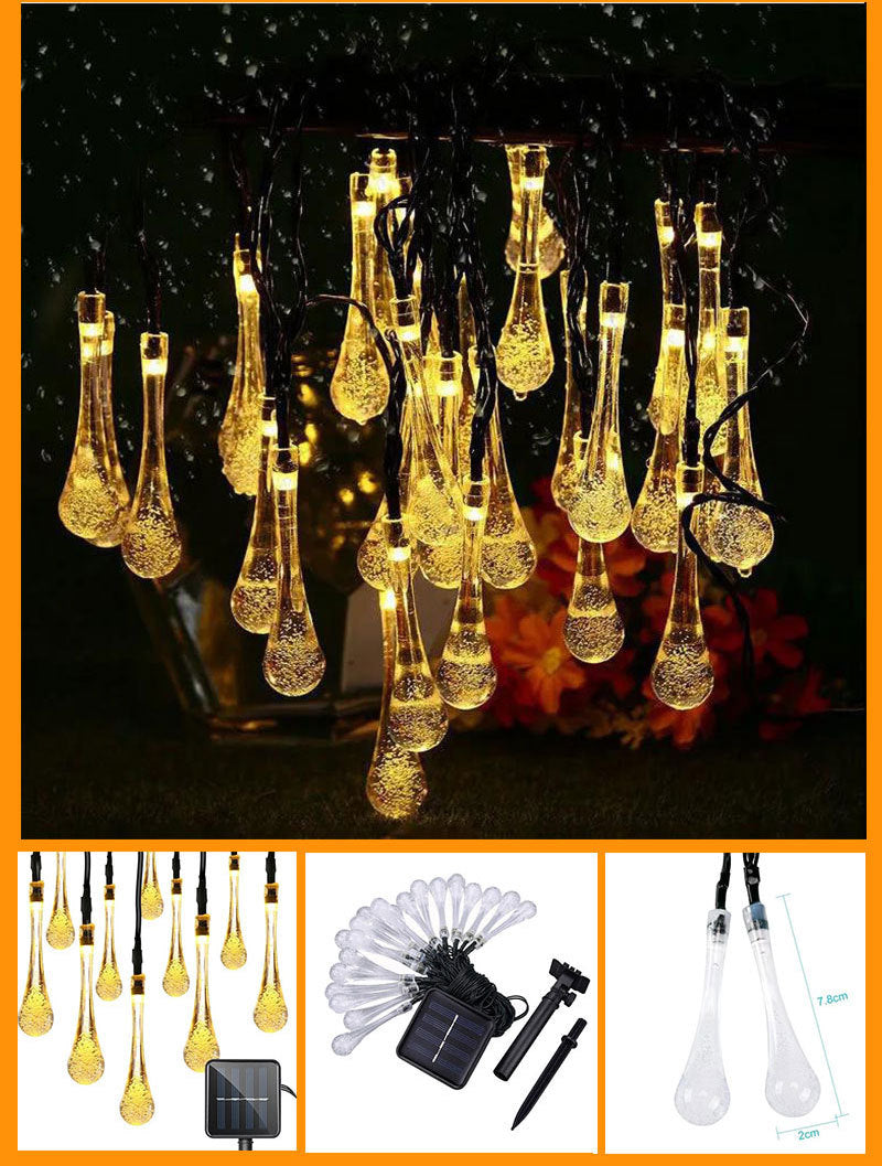 Instalatie LED solara, globuri picatura cristal, 10m, 30 LED, lumina galbena