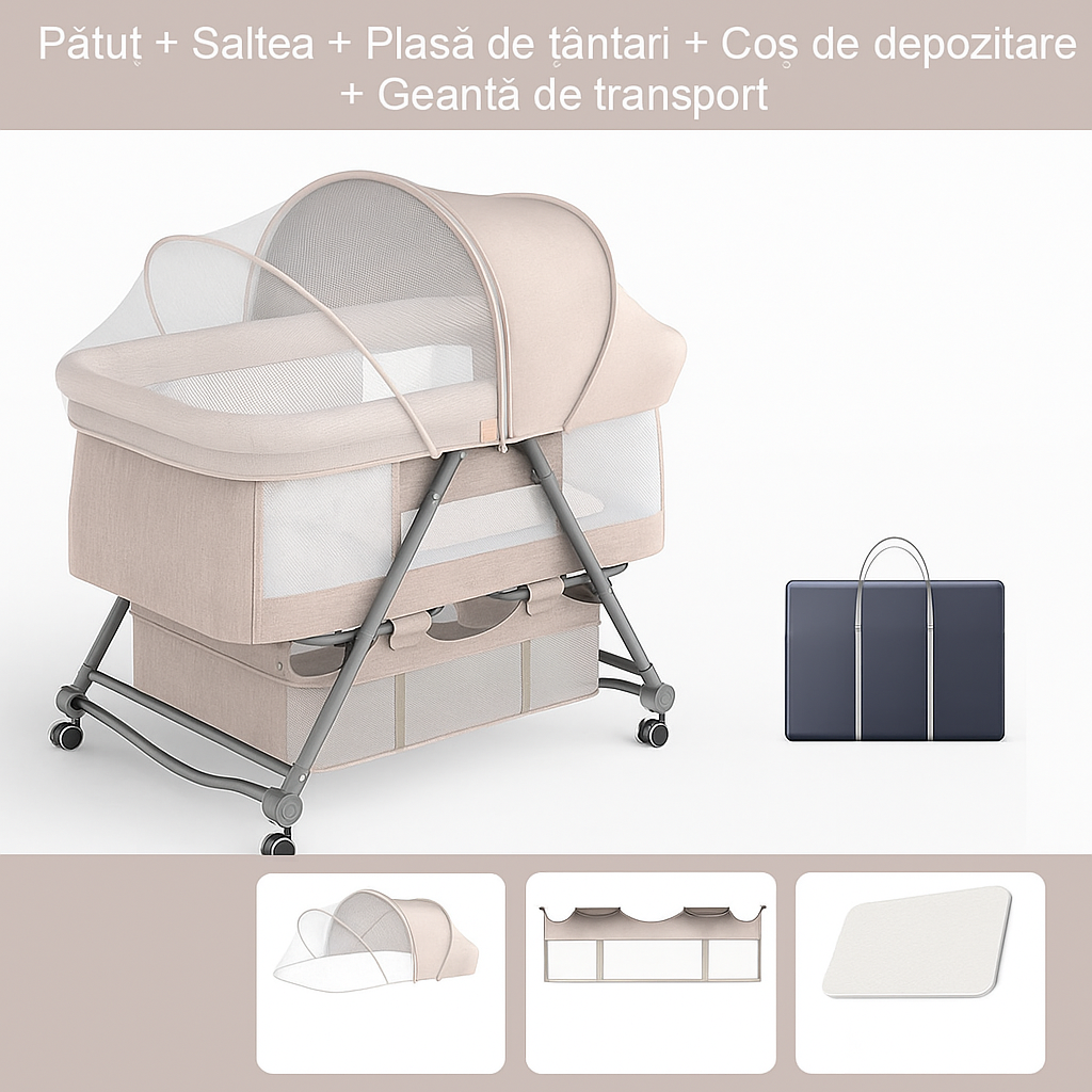 Patut bebelusi multifunctional – Portabil, Pliabil, cu Roti, cu Saltea, Nou-Nascuti