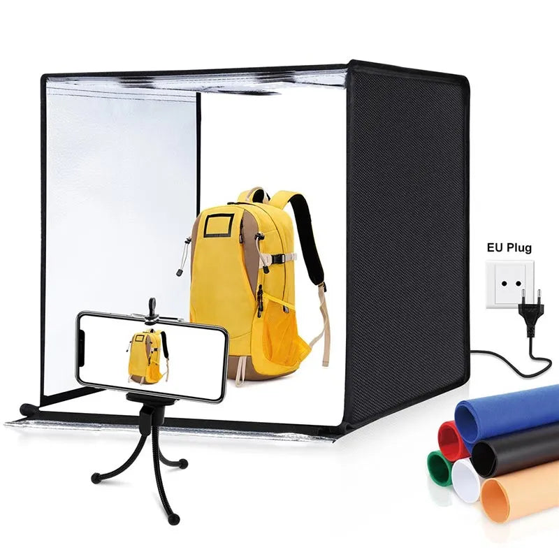 Cutie foto profesională / cort pentru fotografiere de produse 60x60x60cm, cu iluminare inclusă și 6 fundaluri
