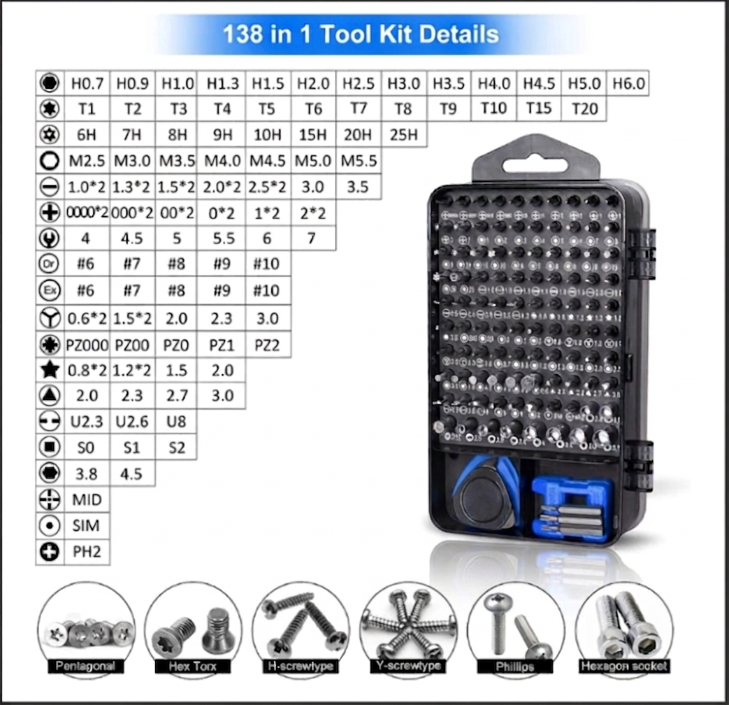 Set trusa surubelnita precizie cu 138 piese, biti otel, maner ergonomic