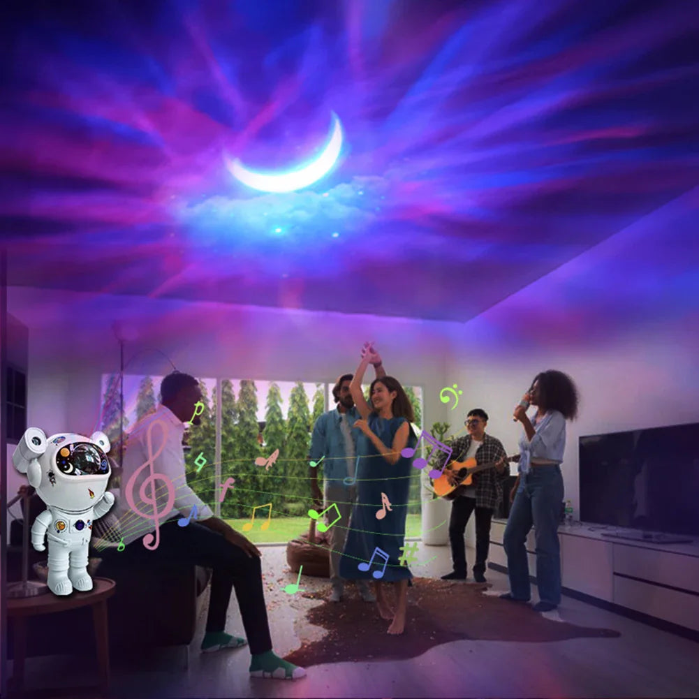 Proiector LED in forma de astronaut cu sunete si lumini, stickere autoadezive, conexiune Bluetooth