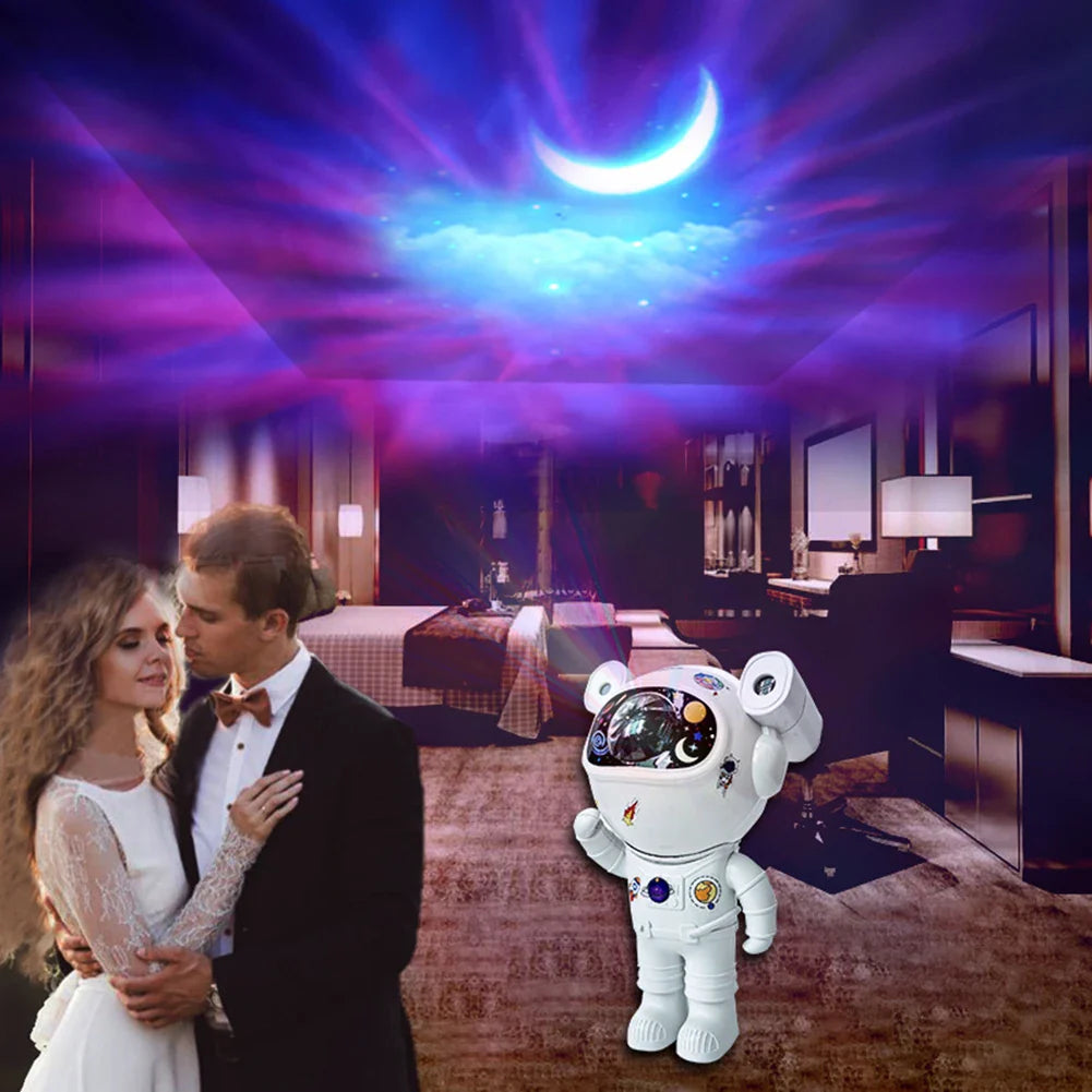 Proiector LED in forma de astronaut cu sunete si lumini, stickere autoadezive, conexiune Bluetooth
