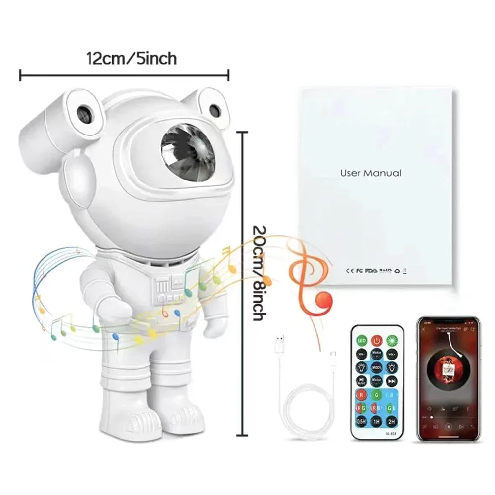 Proiector LED in forma de astronaut cu sunete si lumini, stickere autoadezive, conexiune Bluetooth