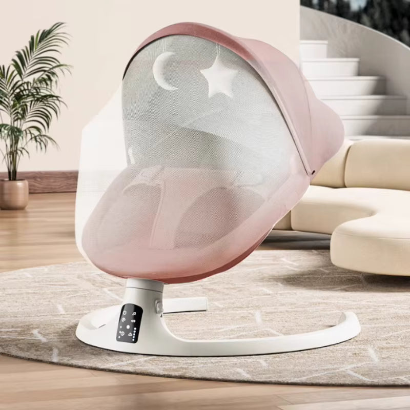 Leagan electric pentru bebelusi, unghiuri de balansare ajustabile, cu telecomanda, bluetooth si plasa anti-insecte