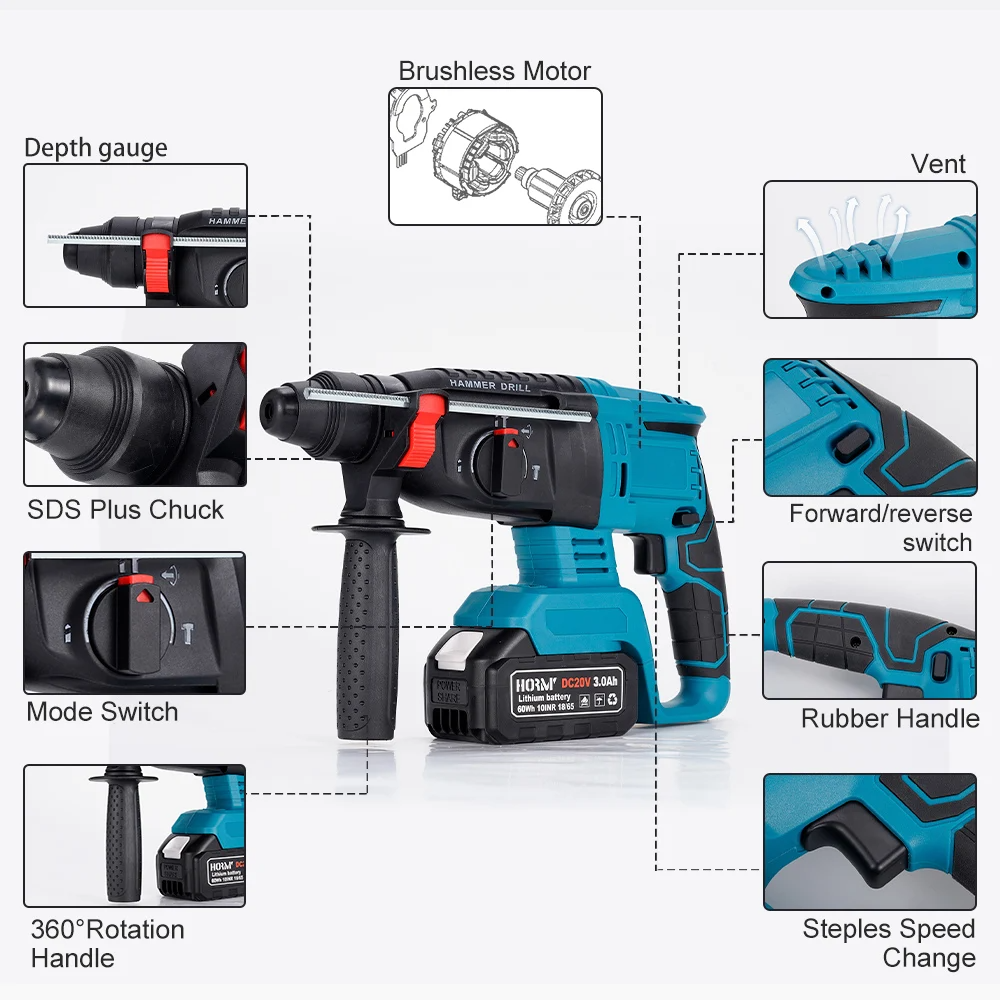 Bormasina cu Percutie Fara Fir Brushless 1850W, 2 Acumulatori 18V, 2580 rpm, Ciocan Rotopercutor SDS Plus