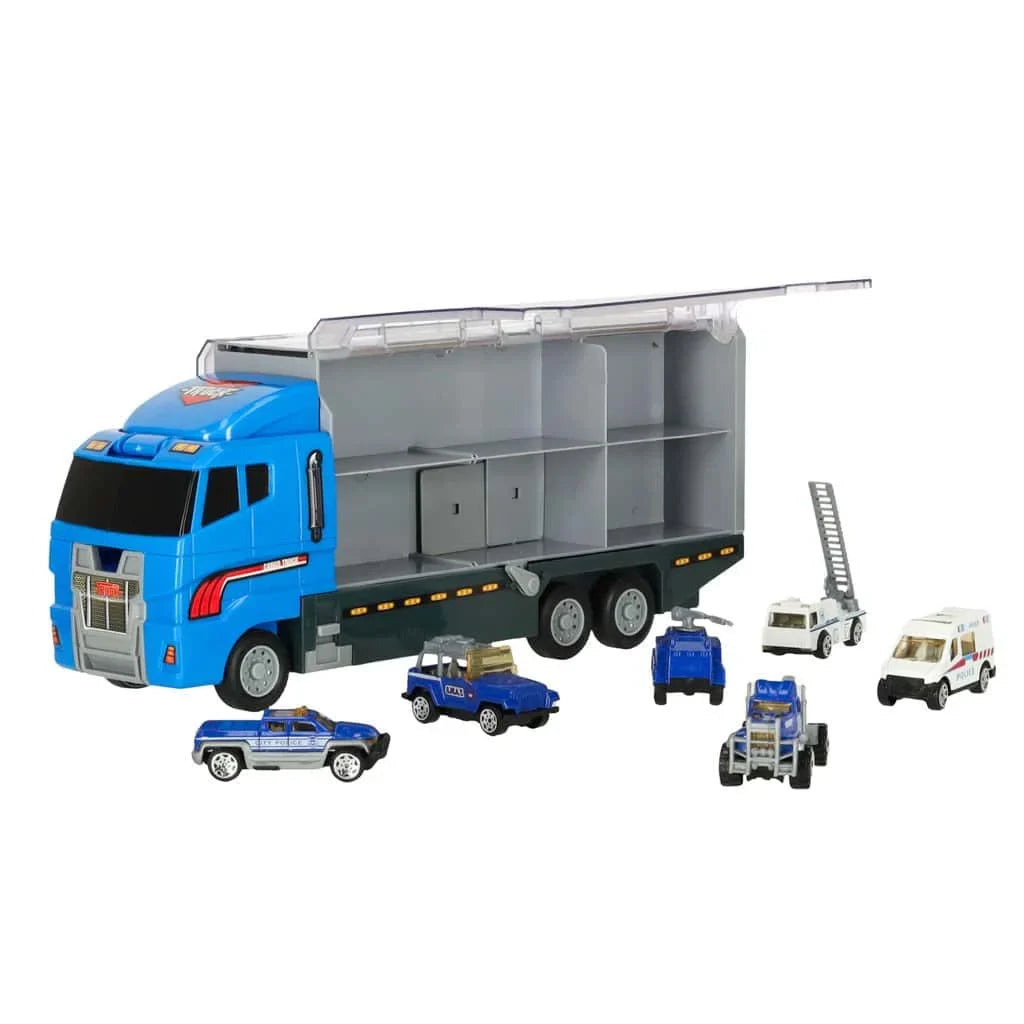 Camion Transport Masini Politie cu 6 Masinute Metalice Lansator Rampa si Compartimente Jucarie Copii