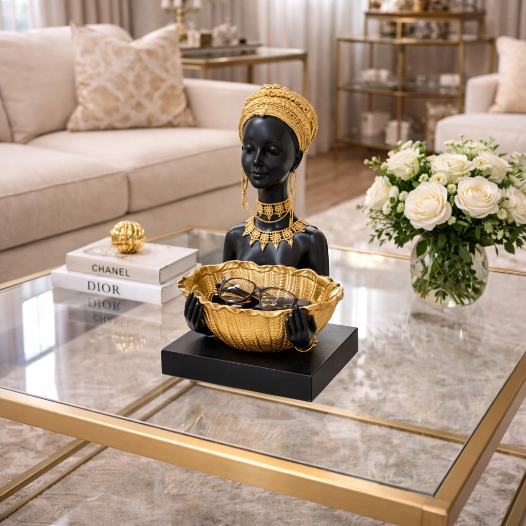 Statueta decorativa femeie africana cu bol auriu 22.5 x 11.3 x 27.5 cm