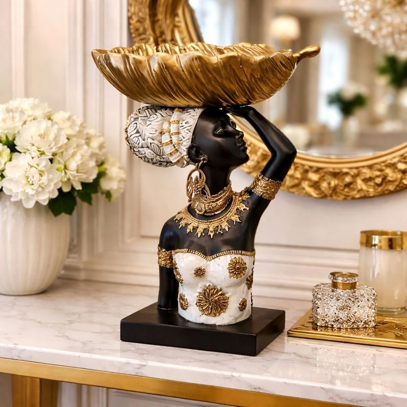 Statueta decorativa femeie africana cu bol auriu 22.5 x 11.3 x 27.5 cm