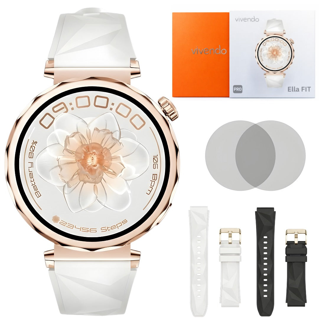 Ceas Smartwatch Dama ELLA Vivendo®, Ecran AMOLED 1.32", Fitness, Apel Bluetooth, Notificari Limba Romana, Asistent Vocal & ChatGPT AI, Incarcare Wireless, Rezistent Apa IP68, 2 Curele Incluse