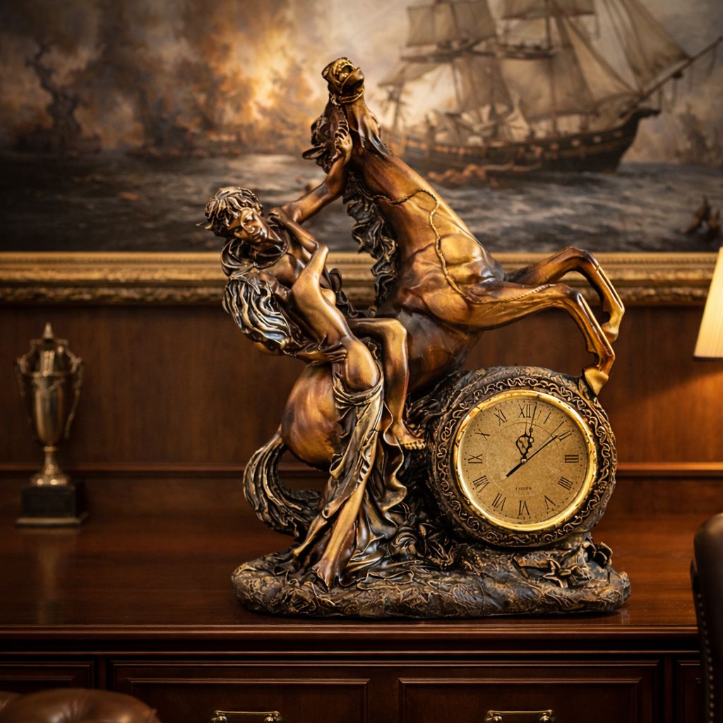 Ceas decorativ statueta – Cuplu romantic si cal cabrat, stil clasic elegant, 63 x 47 cm