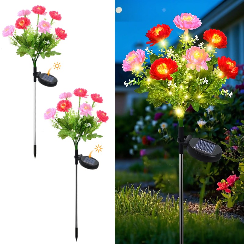 Set 2 Lampi Solare Decorative Bujori Roz 60cm cu LED Alb Cald Gradina - detaliu produs