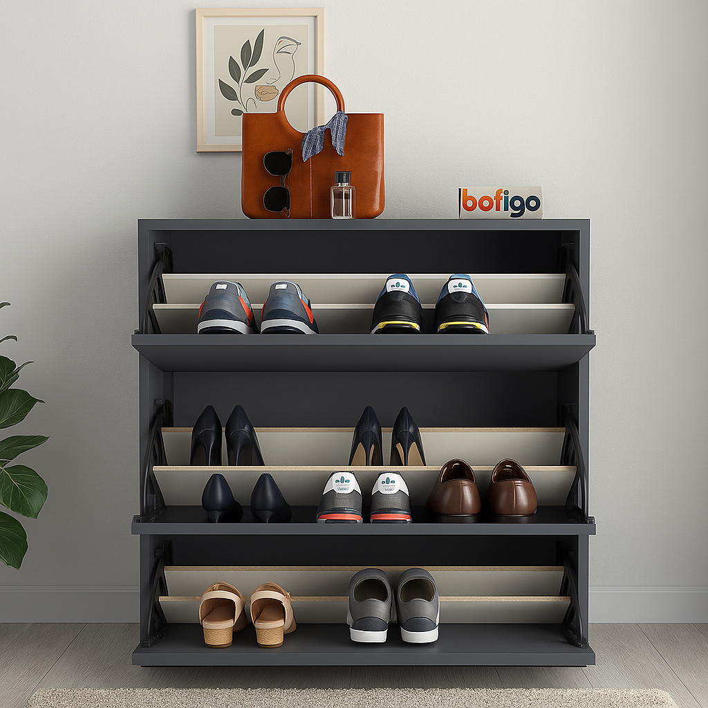 Pantofar cu usa rabatabila si rafturi glisante, 3 compartimente, PAL melaminat de 18 mm, 110 x 73,5 x 22 cm