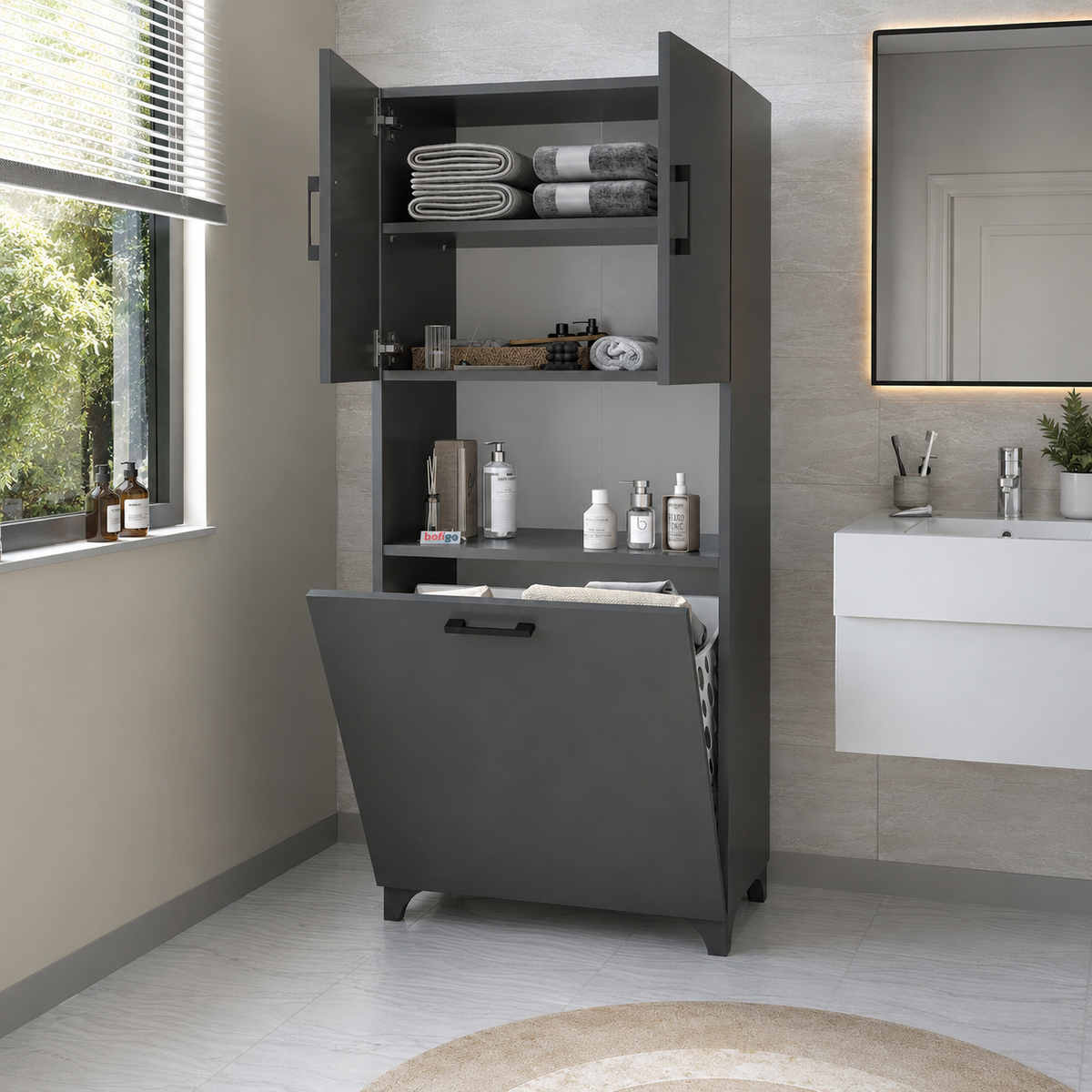 RESIGILAT - Dulap multifunctional pentru baie sau bucatarie, cu spatiu pentru cos de rufe, 60 x 33,8 x 153,6 cm