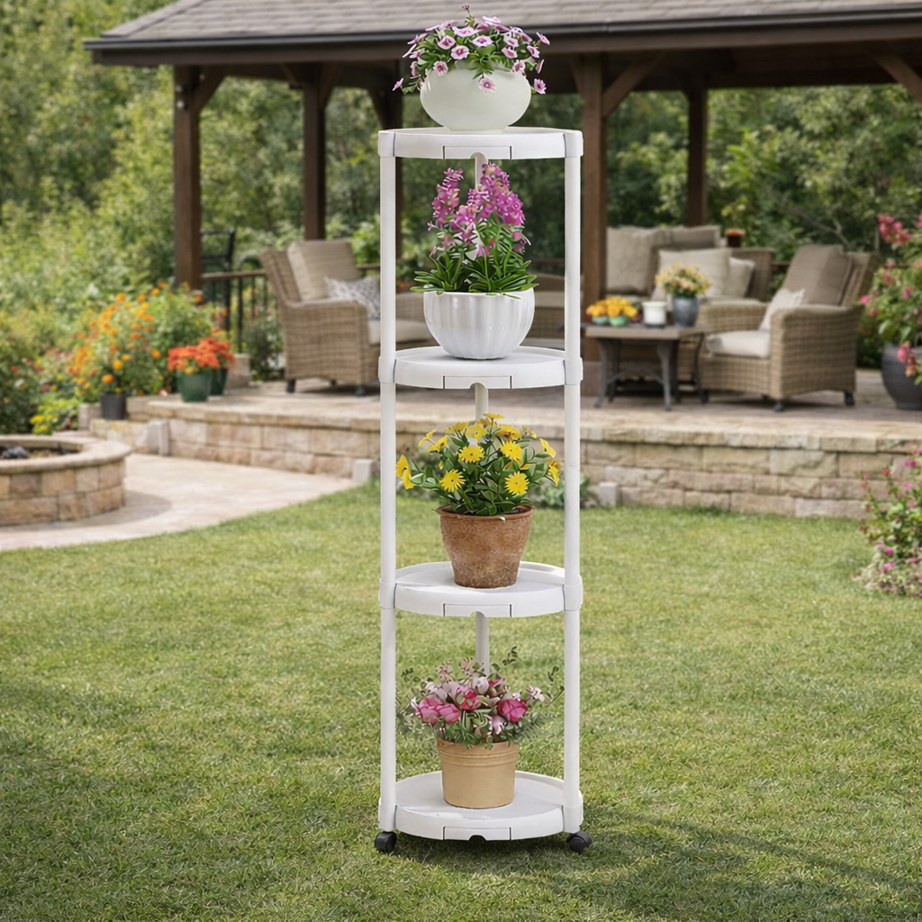 Suport multifunctional pentru flori si plante cu 4 niveluri pe roti 132 cm