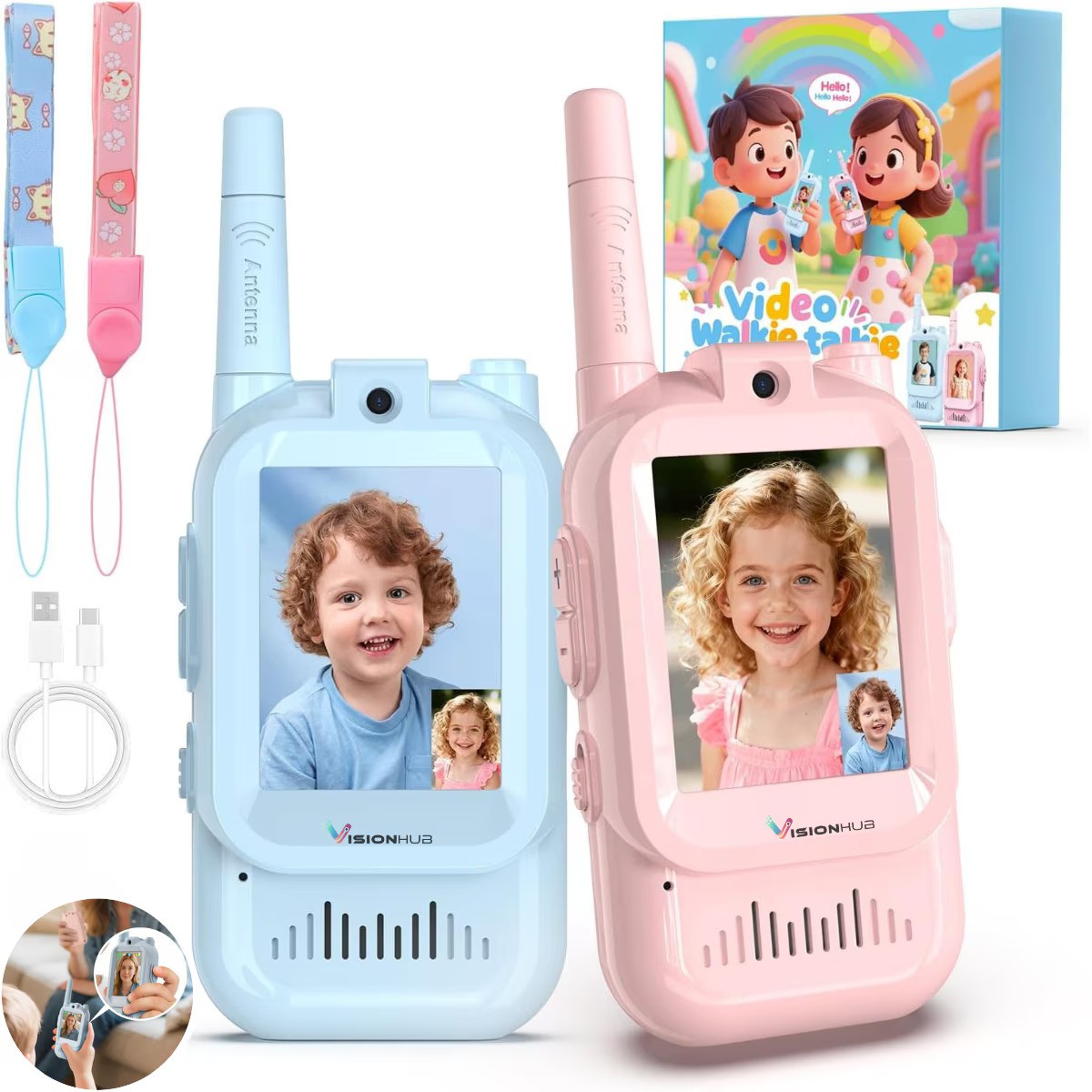 Set 2 Walkie Talkie VisionHub cu Video 480P HD Ecran 2.0 Inch Raza 300m Roz Albastru - detaliu produs