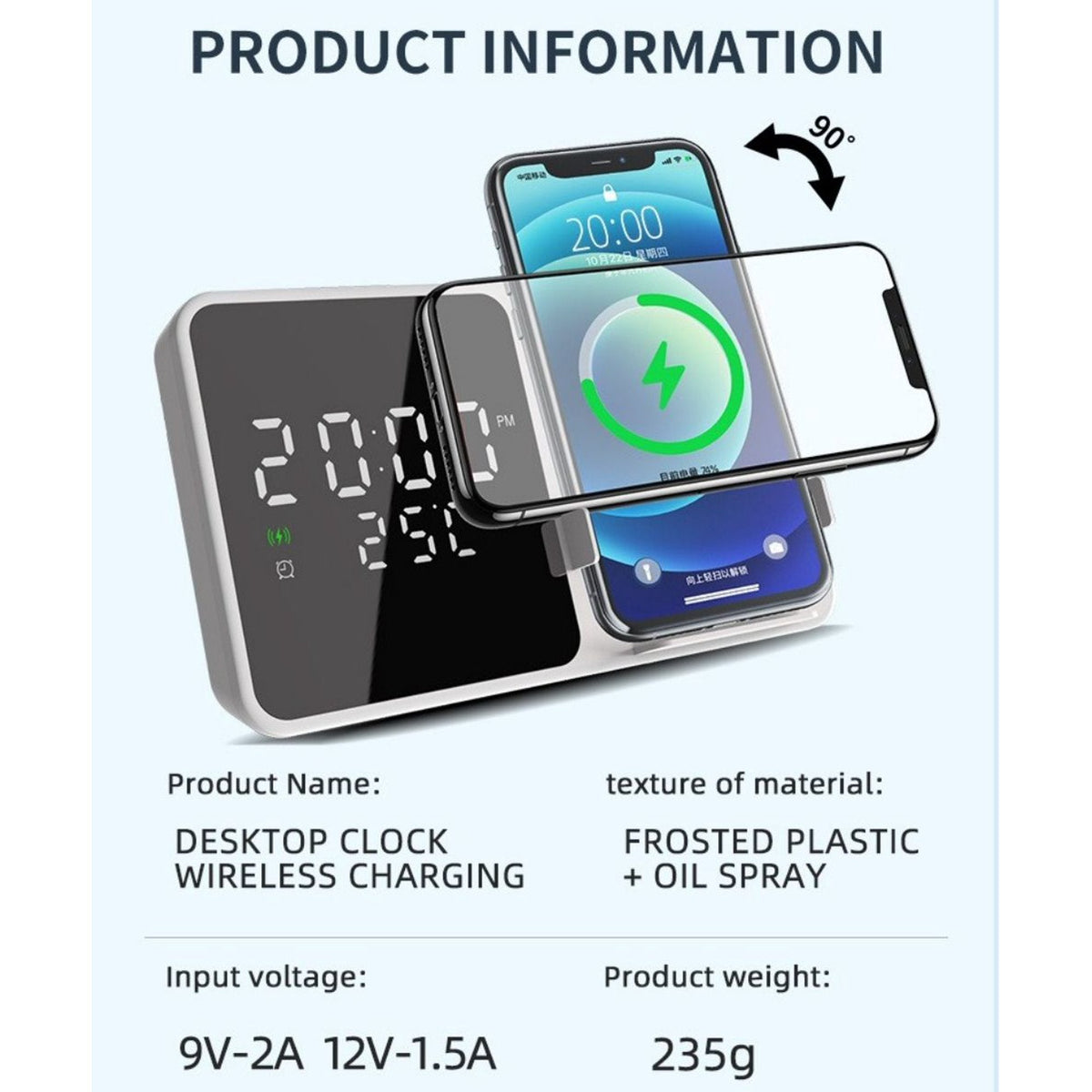Ceas desteptator cu incarcare wireless 5W si afisaj temperatura in timp real