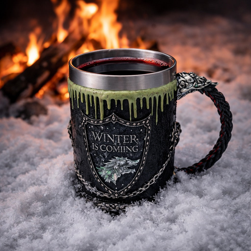 Halba de bere medievala 600 ml Winter is Coming, maner dragon, efect gheata, interior inox