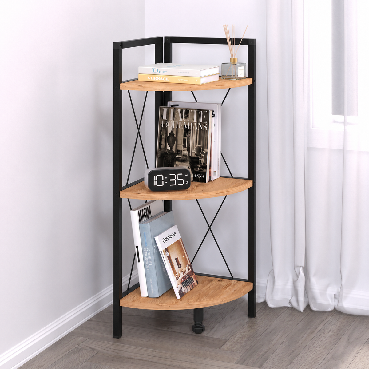 Etajera de colt din PAL si metal 33,5x33,5x87,3 cm, cu 3 rafturi, pentru living, baie sau birou