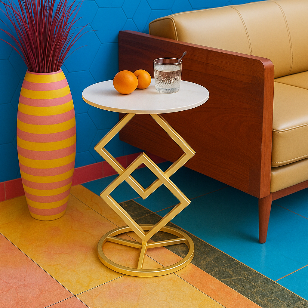 Masuta de cafea moderna cu blat tip marmura si cadru geometric metalic, design artistic, 40 x 58 cm