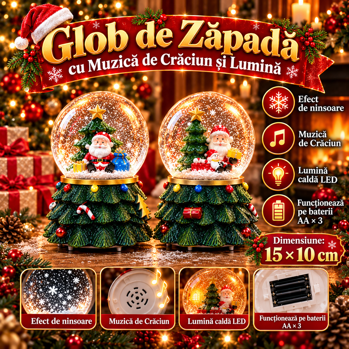 Glob de Zăpadă Premium de Crăciun cu Moș Crăciun, Bază tip Brad Decorat, Muzică, Lumină LED și Efect de Ninsoare – 15 × 10 cm - imagine principala