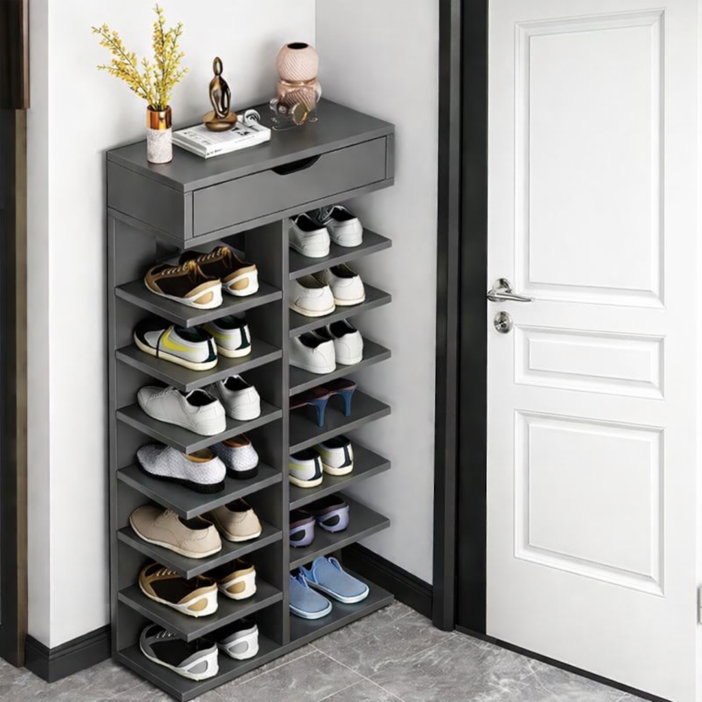 Pantofar cu 7 Etaje si Sertar Superior din PAL Gri/Stejar 40 x 22 x 111 cm