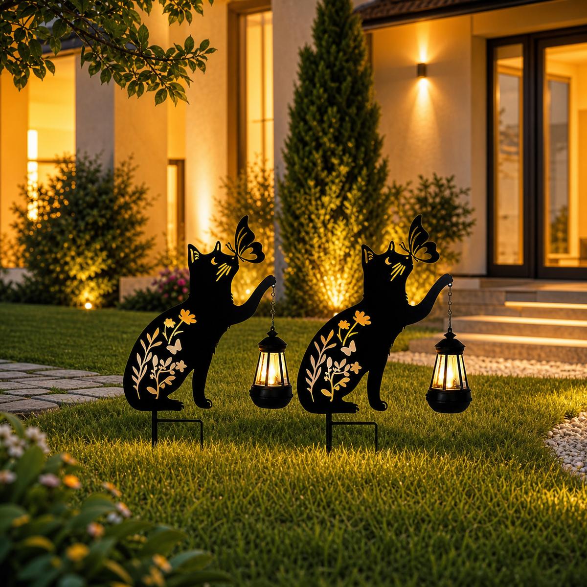 Set 2 Decoratiuni Solare de Gradina Pisica Neagra cu Felinar LED Fluture Metal - imagine principala