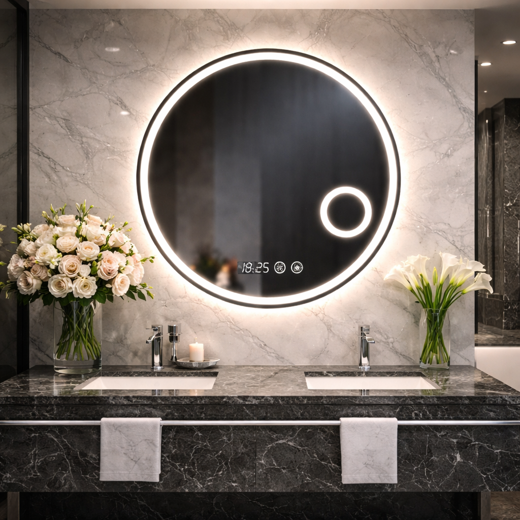 Oglinda LED Rotunda 70 cm cu Ceas, Dezaburire si Lupa Cosmetica