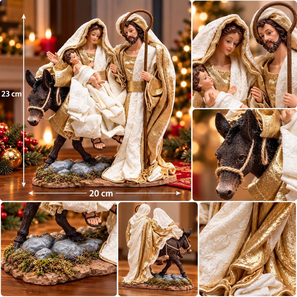 Statuetă Decorativă Premium „Sfânta Familie – Fuga în Egipt”, Maica Domnului, Pruncul Iisus și Sfântul Iosif – 23 × 20 cm - imagine principala