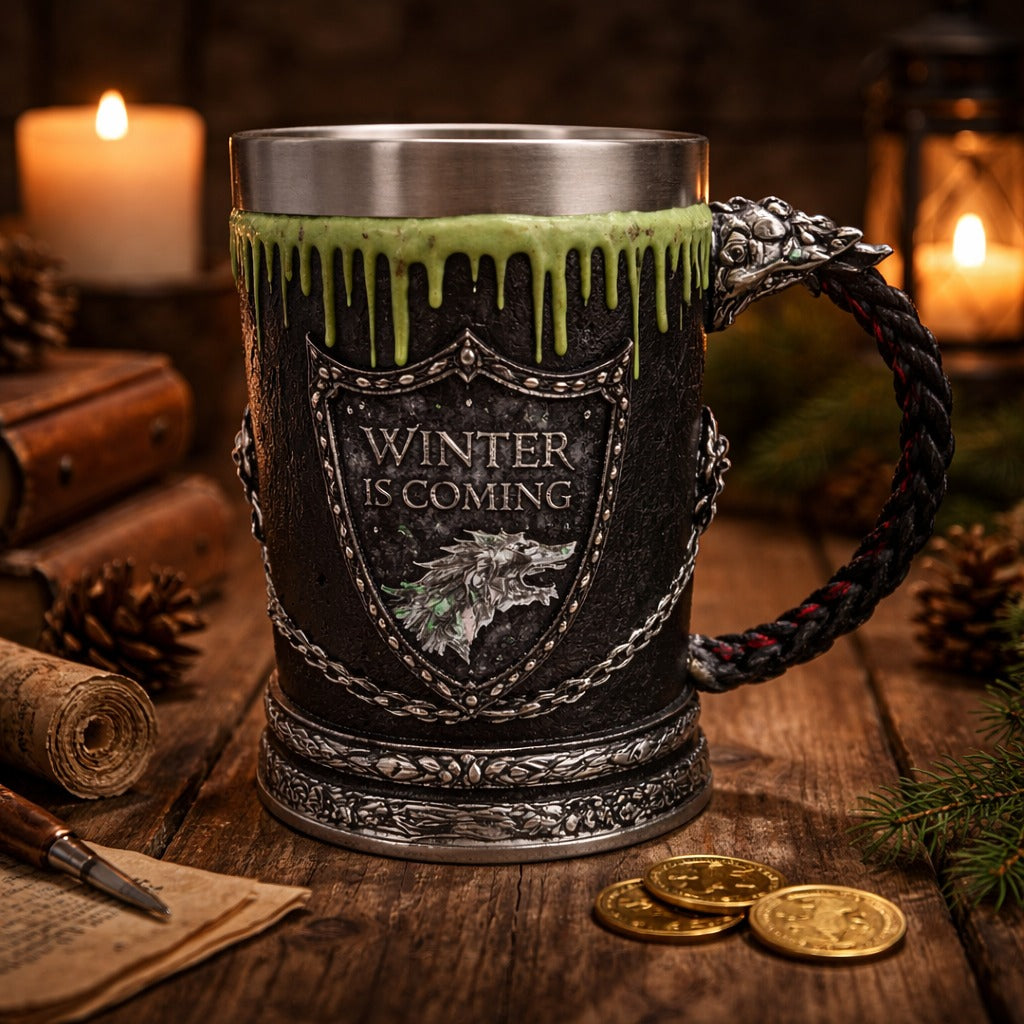 Halba de bere medievala 600 ml Winter is Coming, maner dragon, efect gheata, interior inox