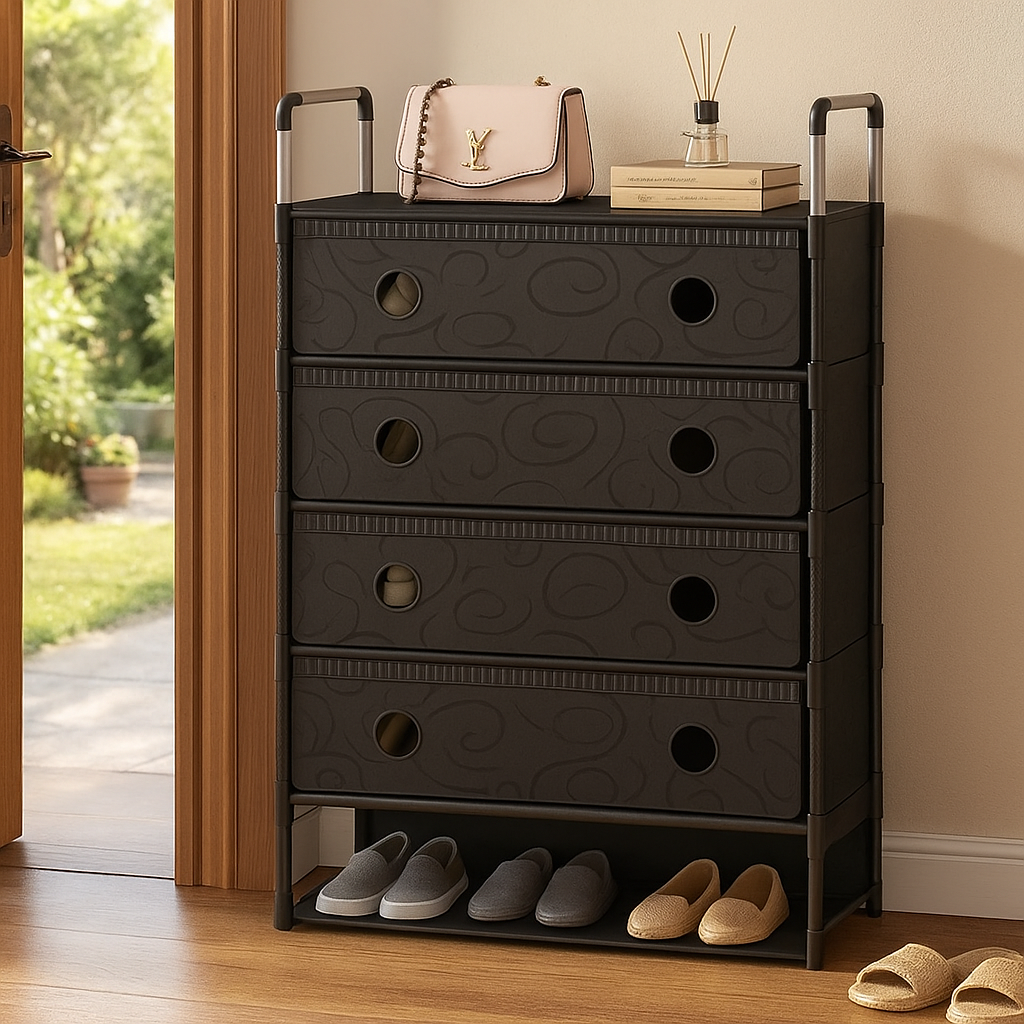 Pantofar Organizator 5 Niveluri cu Sertare Textile Design Modern Negru 101 x 30 x 60cm
