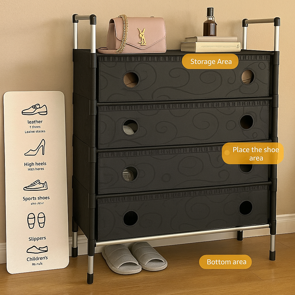 Pantofar Organizator 5 Niveluri cu Sertare Textile Design Modern Negru 101 x 30 x 60cm