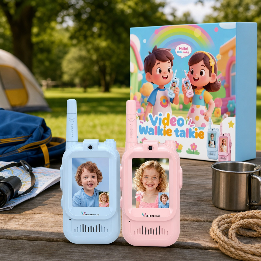 Set 2 Walkie Talkie VisionHub cu Video 480P HD Ecran 2.0 Inch Raza 300m Roz Albastru - in context de utilizare