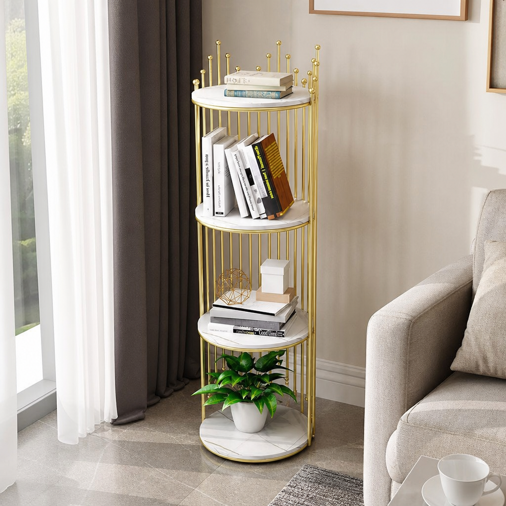 Etajera decorativa rotunda cu 4 niveluri, cadru auriu si polite albe, 32 x 32 x 95 cm - in context de utilizare