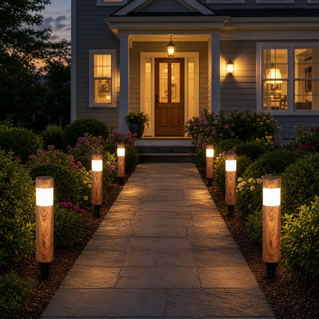Set 4 Lampi Solare LED pentru Gradina si Alei Aspect Lemn Natural Aprindere Automata - in context de utilizare