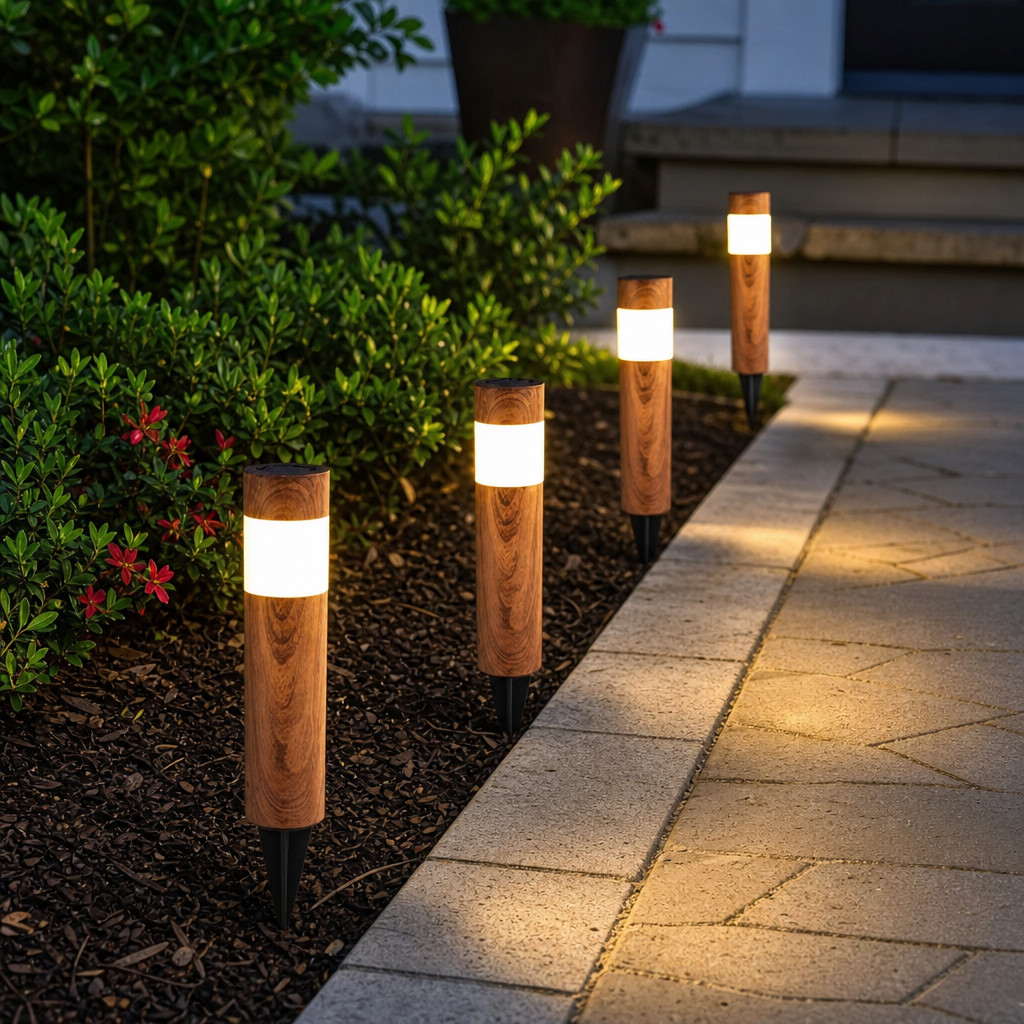 Set 4 Lampi Solare LED pentru Gradina si Alei Aspect Lemn Natural Aprindere Automata - in context de utilizare