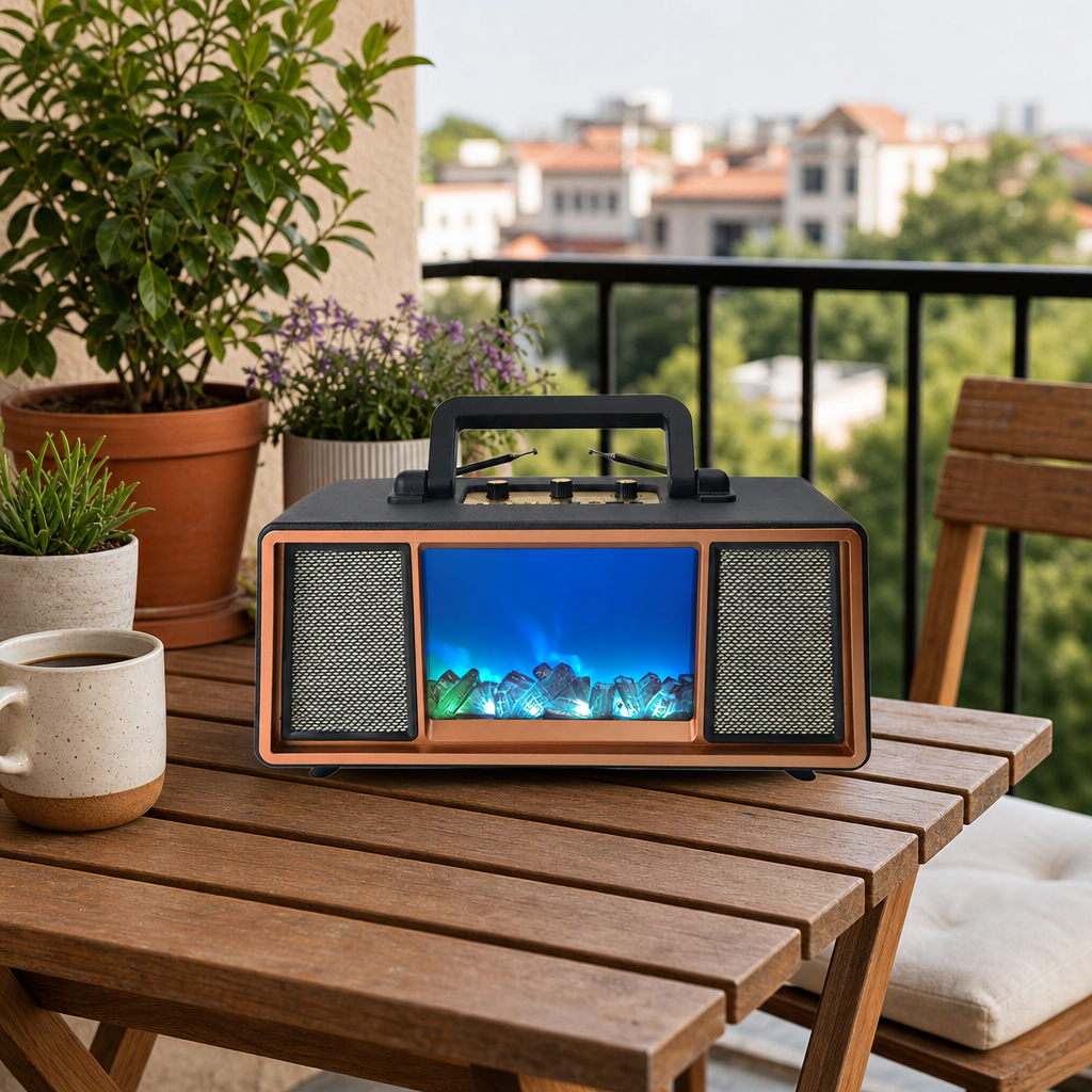 Boxa Bluetooth retro FP-392-S, 34W, lumina ambientala tip flacara, radio FM, USB, TF, AUX, incarcare solara, baterie 6000 mAh - in context de utilizare