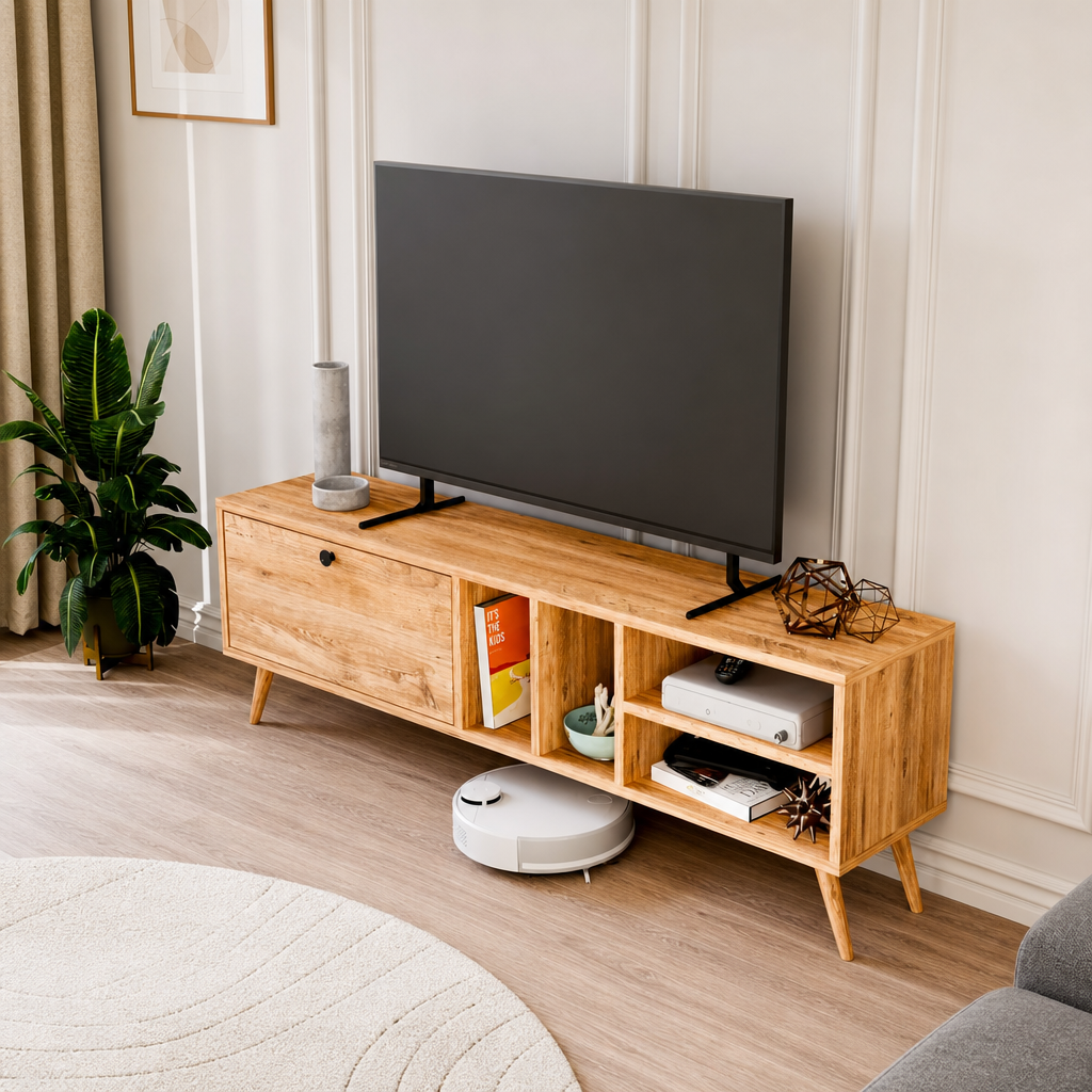 Comoda TV moderna cu rafturi, PAL E1 18 mm, 140 x 29,5 x 45 cm - in context de utilizare