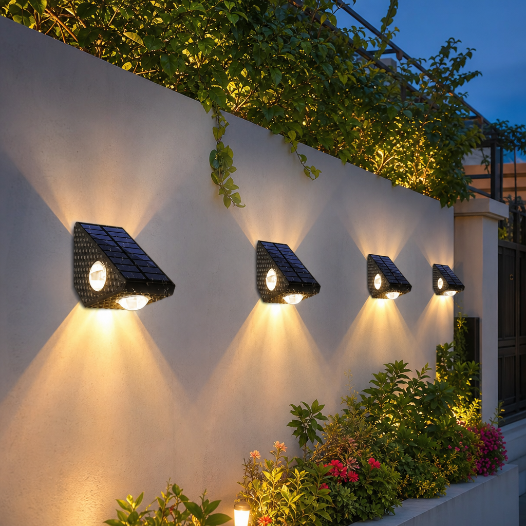 Set 2 Lampi Solare Decorative de Perete Lumina 3 Directii Multicolor Alb Rece Alb Cald - in context de utilizare