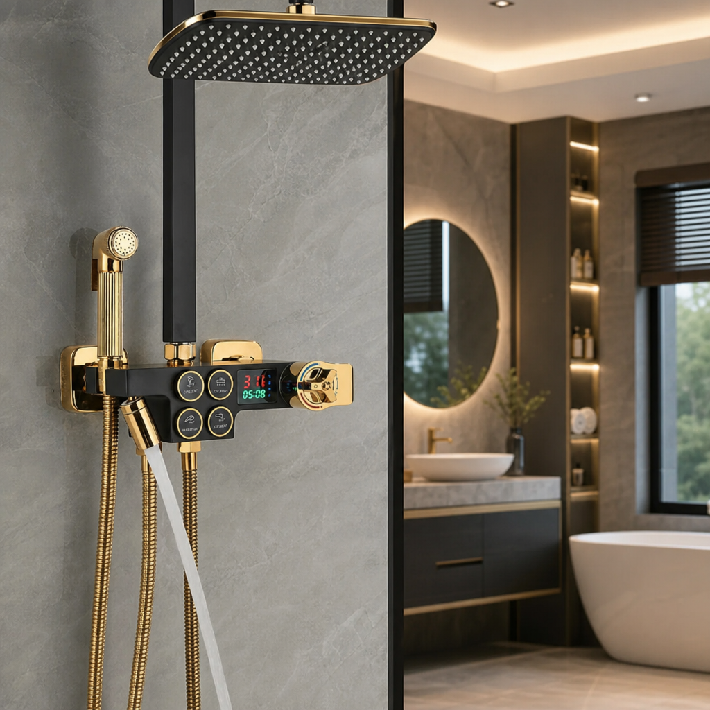 Coloana Dus Termostatica Premium Negru Auriu Afisaj Digital LED 28x19 cm - in context de utilizare