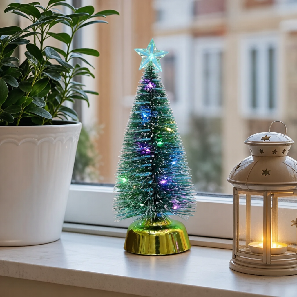 Brad de Crăciun Decorativ cu Iluminare LED Multicoloră, 25 × 9 cm, Stea Transparentă și Bază Aurie - in context de utilizare