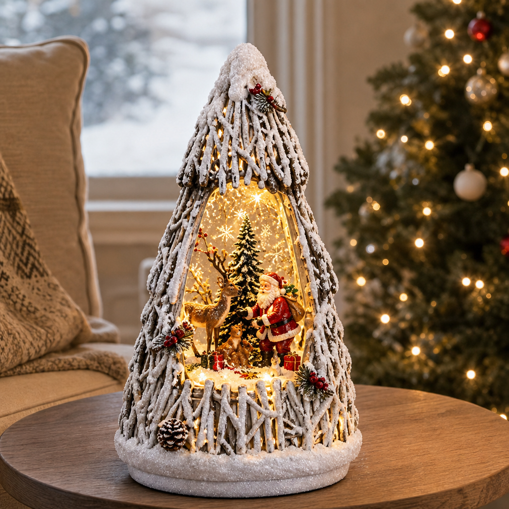 Decorațiune de Crăciun Premium cu Moș Crăciun și Ren, Iluminare Caldă și Efect de Ninsoare în Mișcare – 15,5 × 7,5 × 25 cm - in context de utilizare