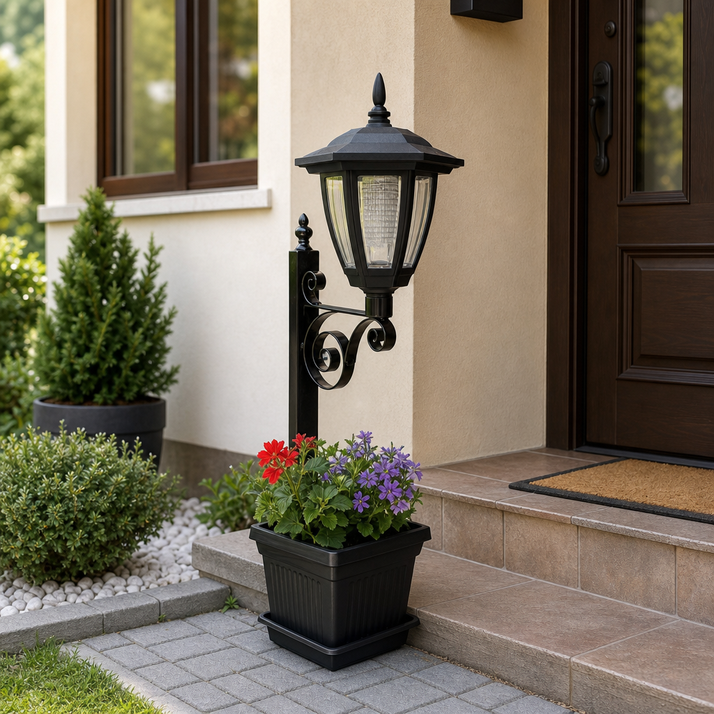 Lampă Solară de Grădină cu Jardinieră Integrată, Felinar LED și Design Decorativ – 29 × 28 × 74 cm - in context de utilizare
