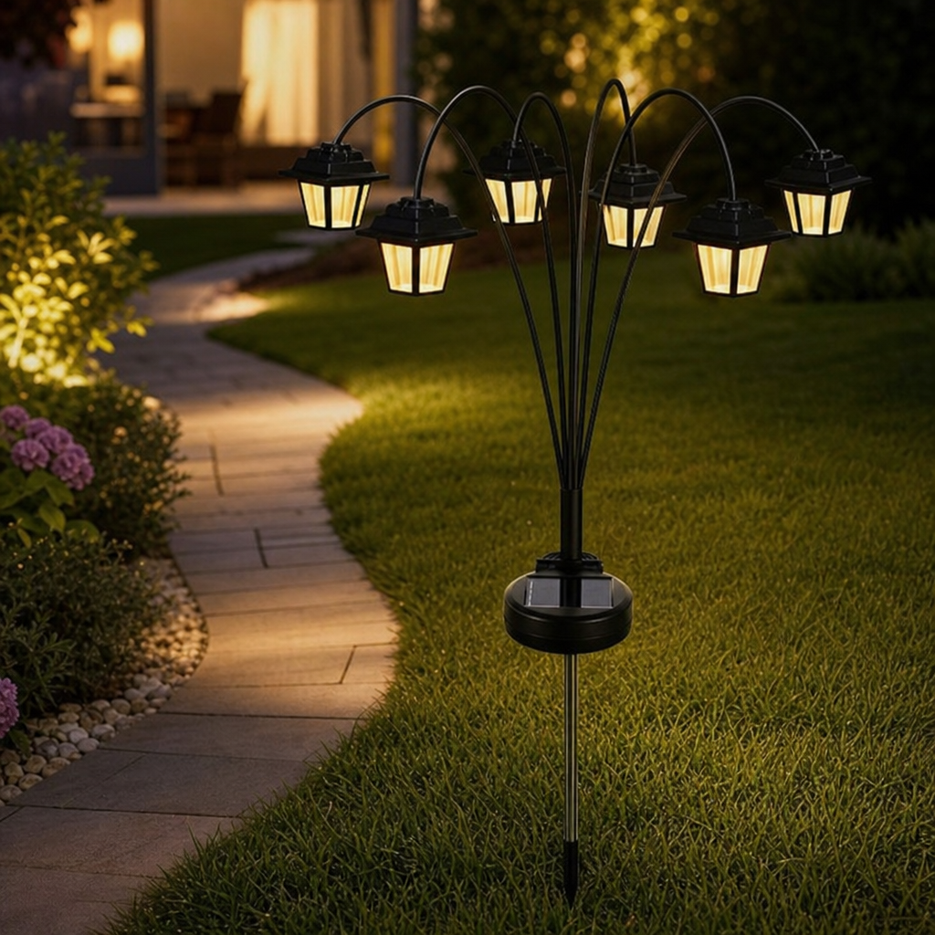 Set 2 Lampi Solare Gradina cu 6 Felinare LED Lumina Calda Aprindere Automata - in context de utilizare