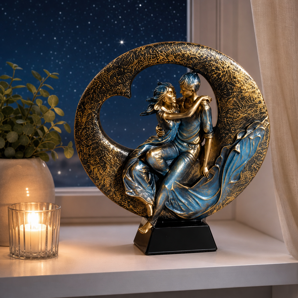 Statueta Decorativa, Cuplu Indragostiti, pe Semiluna, din Rasina, 40 x 30 x 10 cm