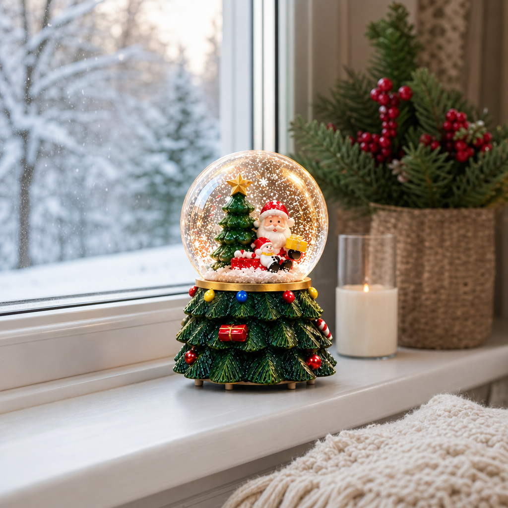 Glob de Zăpadă Premium de Crăciun cu Moș Crăciun, Bază tip Brad Decorat, Muzică, Lumină LED și Efect de Ninsoare – 15 × 10 cm - in context de utilizare