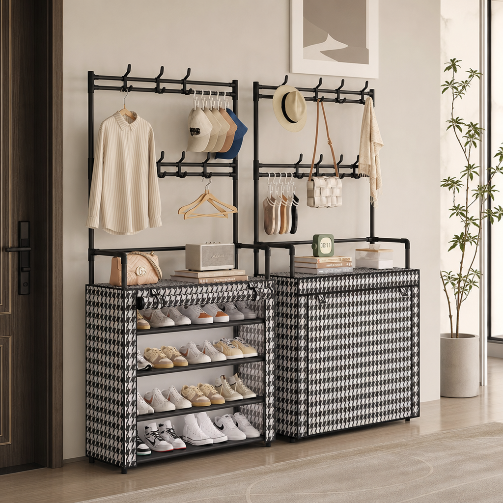 Suport multifunctional pentru incaltaminte cu cuier, negru, 171x80x30 cm, cu husa anti-praf - in context de utilizare
